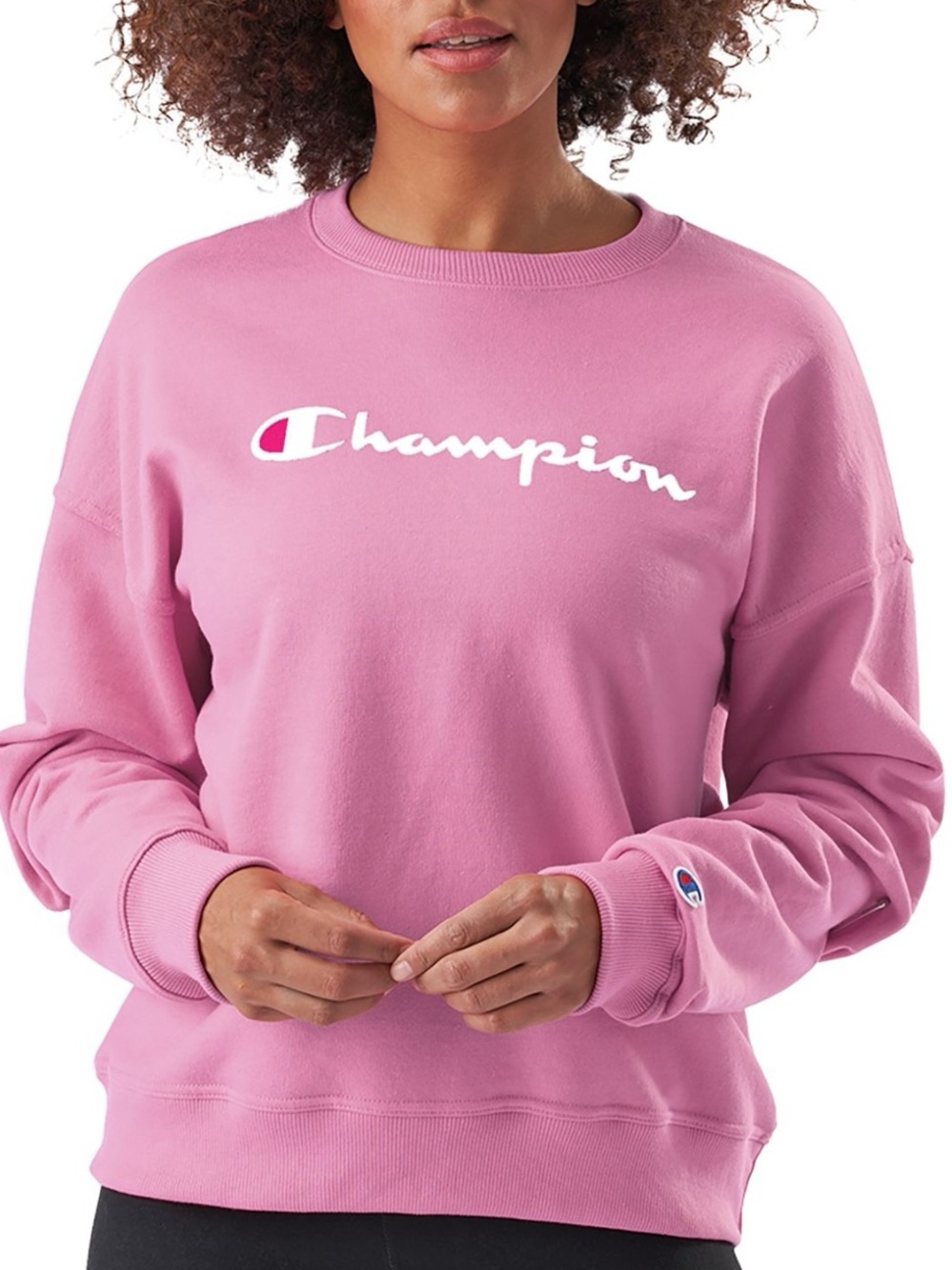 Pink Champion Powerblend Sweatshirt Classic Script Crew Neck